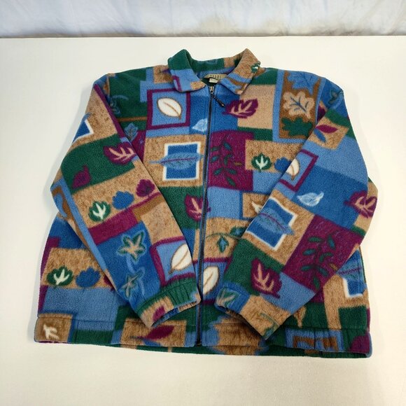 Teddi Petite XL Fleece Jacket Multicolored Leaf & Geometric Pattern Shoulder Pad - Picture 4 of 10